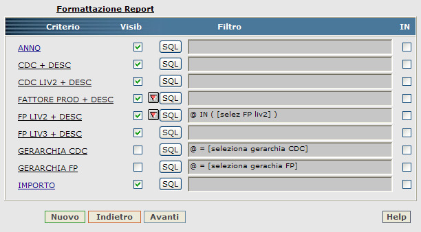 4) consente la definizione dei filtri da effettuare sui dati e delle modalità per la formattazione del Report.