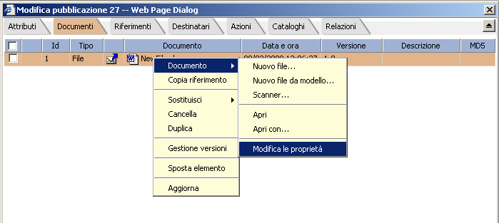 All interno di una pubblicazione esistente è possibile effettuare l upload di documenti entrando nell'area "documenti", fare tasto destro e scegliere "da file" se è un documento salvato su file