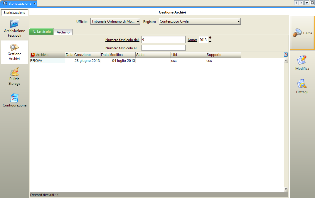 105 di Figura 78 ricerca archivio per numero di ruolo dei fascicoli archiviati - selezionando il label Archivio per data di creazione dell archivio impostando la data nei campi creazione dal: Al: