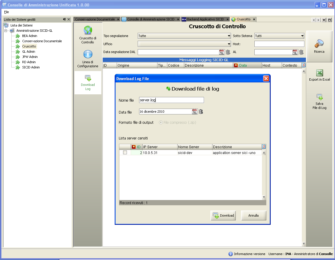 46 di Figura 25 - Dialog di download log Nella Figura 25 viene visualizzata la dialog Download Log che consente all utente di specificare e dettagliare le modalità di download del file.