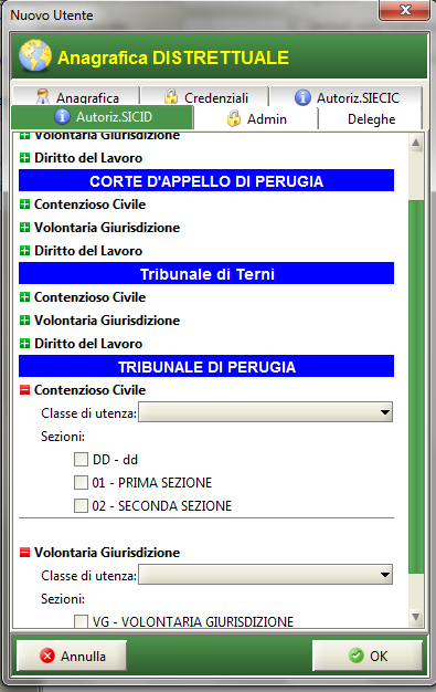 96 di Figura 69 Inserimento/modifica autorizzazioni SICID Per ogni ufficio e per ogni dominio applicativo è possibile assegnare all utente che si sta creando una diversa classe di utenza, in questo