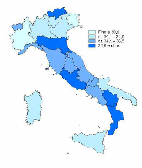 La situazione che emerge dalla figura 6 aiuta a comprendere la posizione delle diverse regioni italiane rispetto alla presenza di lavoratori anziani nel mercato del lavoro.