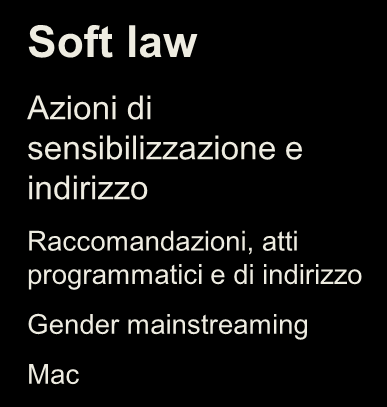 Hard law Normativa vincolante per Stati membri -trattati -direttive Il dual approach europeo alle pari opportunità Soft law Azioni di sensibilizzazione e indirizzo Raccomandazioni, atti programmatici