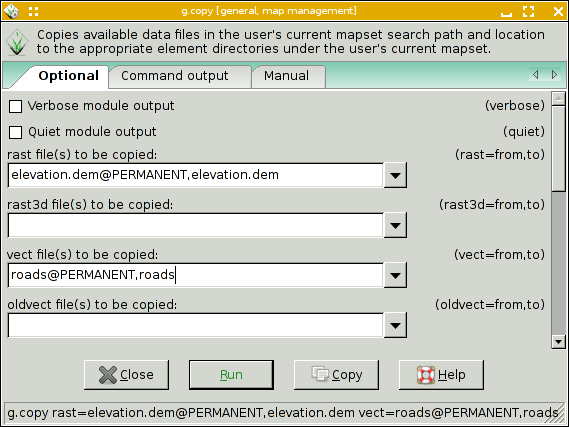 gestione dell'archivio - alcuni esempi Copiare i seguenti dati dal mapset (g.copy) PERMANENT al mapset corrente user1: road (vettoriale) elevation.