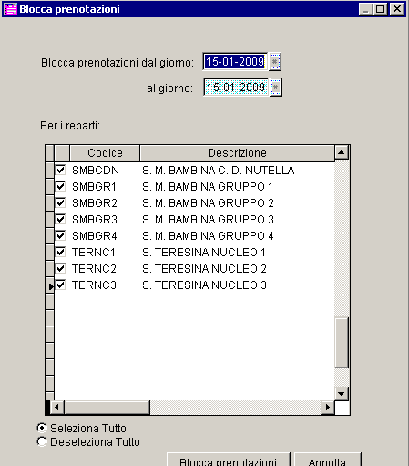 7)Visualizza prenotazioni. La funzione di visualizza prenotazioni serve per controllare in un determinato giorno quali reparti hanno inserito la prenotazione e quali no.