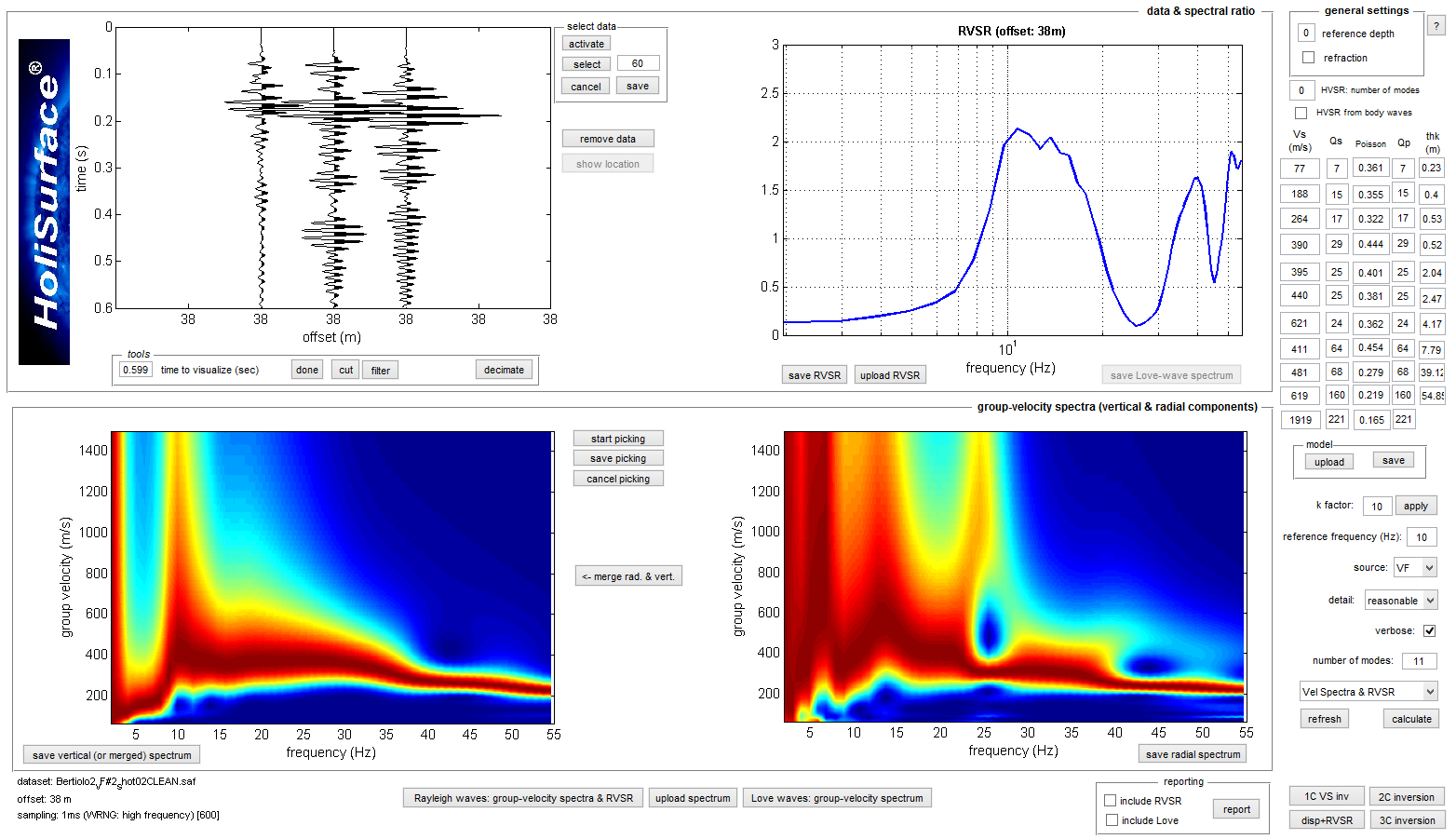 Pacchetto winmasw -3C + HoliSurface + GEMINI 6 Esempio analisi congiunta HoliSurface + HVSR Per quanto riguarda l'analisi HoliSurface in questo caso ci siamo limitati alle onde di Rayleigh, in quanto