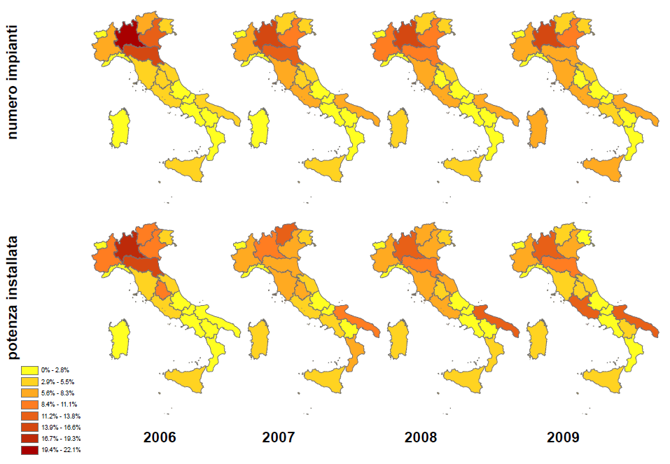 Figura 6.4: Distribuzione regionale per anno degli impianti solari fotovoltaici Fonte: L. Diappi, Polit.