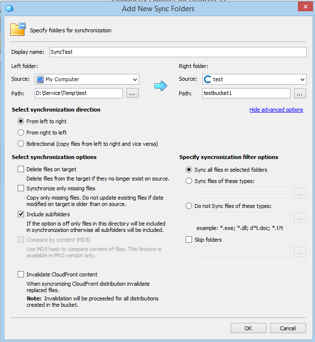 Sincronizzare contenuti Il client CloudBerry Explorer Free permette di definire una o più job di sincronizzazione. Tali Jobs, vanno comunque eseguiti a mano tramite il menu Sync Folders.