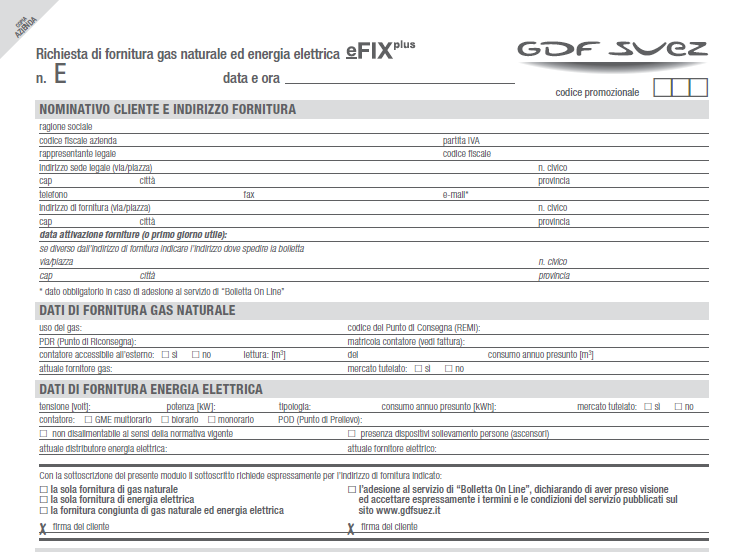 Come compilare il contratto GDF Suez Energie Copie: il contratto presenta degli angoli colorati per distinguere i destinatari delle singole copie.