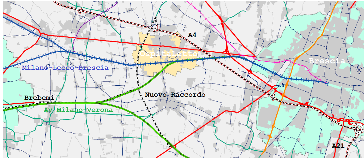 Altro collegamento ferroviario esistente è la linea dell alta velocità AV/AC Milano-Verona che passa appena sotto il comune di nostro interesse in asse con la Brebemi La posizione strategica dell