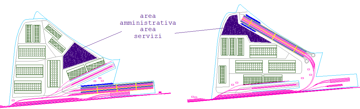 AREA AMMINISTRATIVA - SERVIZI Nelle due soluzioni è stata utilizzata la stessa superficie da dedicare a codesta area ma come già detto, per motivi funzionali legati alla disposizione del terminal, la