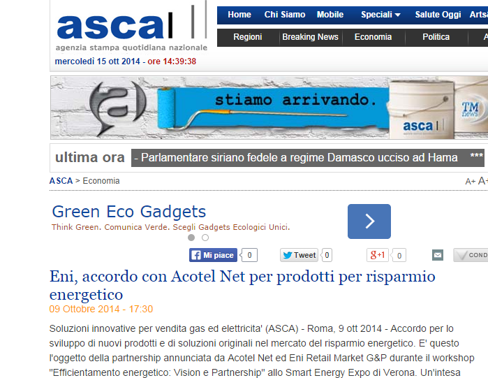 Asca.it 9 Ottobre http://www.asca.it/news-eni accordo_con_acotel_net_per_prodotti_per_risparmio_energetico- 1435642-ECO.