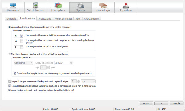 Controllo dell'arrivo dei file a Tiscali Backup Per impostazione predefinita, il backup dei file viene eseguito automaticamente quando l'utilizzo del computer è sufficientemente basso.