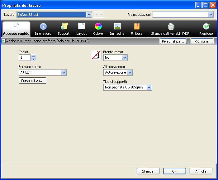 METODI DI STAMPA 81 Stampa di più file con APPE Se si apre Proprietà del lavoro per file di tipo diverso, l opzione Adobe PDF Print Engine preferito appare solo se uno dei file selezionati è un PDF.