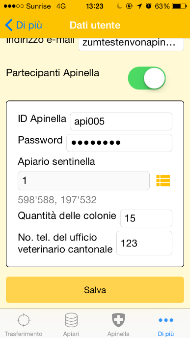 Schermata Android Schermata iphone 4 a fase: notifica Apinella Il menu Apinella consente di trasmettere i risultati relativi al conteggio dei coleotteri.