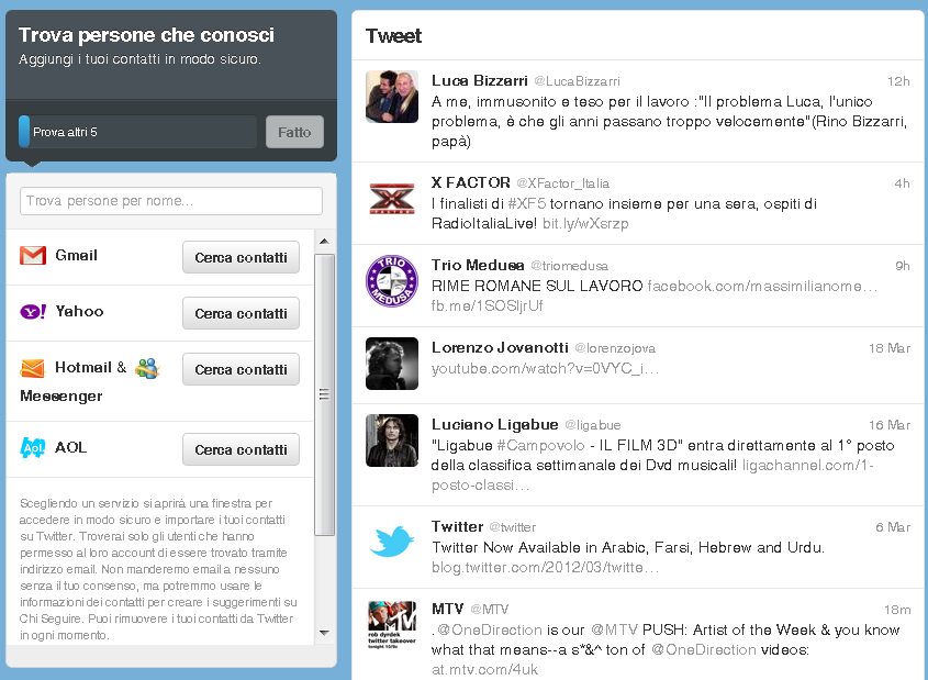 A mano a mano che segui nuovi account, la colonna di destra si riempie dei messaggi lanciati da questi account.
