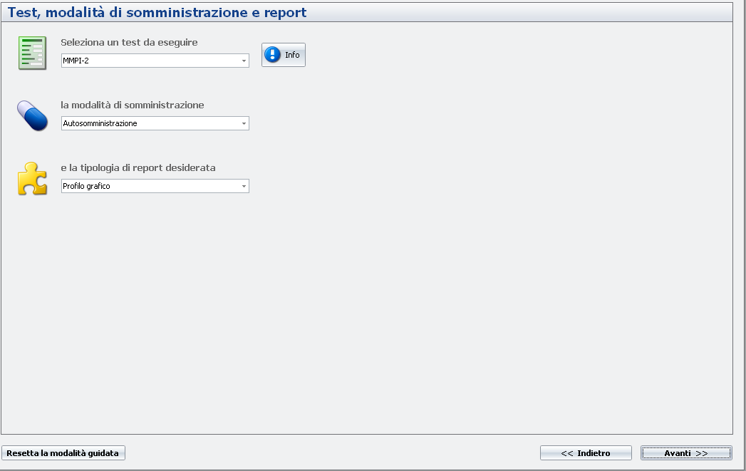 Schermata 1 18: maschera che consente la scelta del test, la modalità di somministrazione e la tipologia di report desiderata.