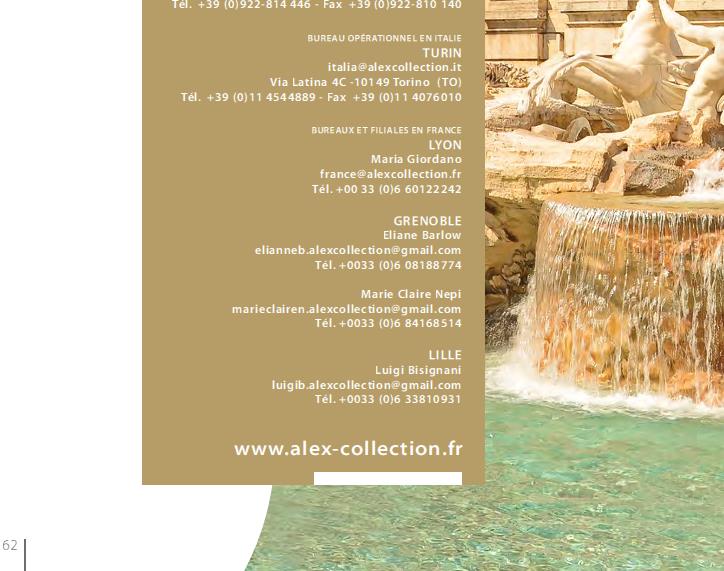 ITALIA ALEX Collection V i a g g i & T u r i s m o DIREZIONE TORINO Via Latina 4c 10149 TORINO Tel. 011.4544889 - Fax 011.4076010 Cell. 340 34 10 997 direzionealexservice@libero.