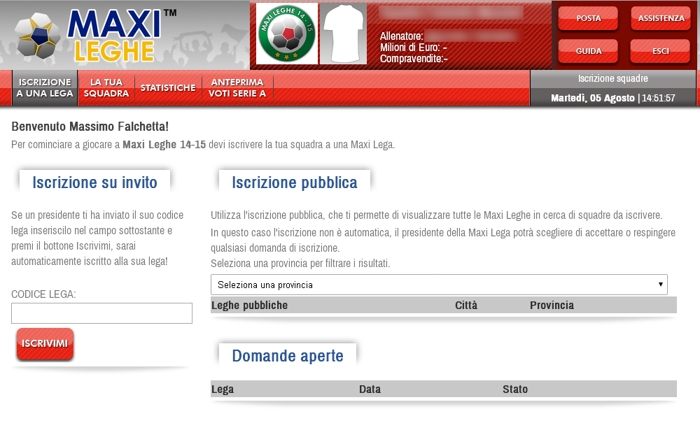 Appena entrato, hai accesso come Allenatore alla sezione Iscrizione su invito. Per cominciare a giocare è necessario iscriversi a una Lega esistente.