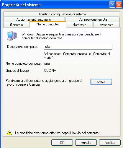 Windows XP: modifica del nome del gruppo di lavoro Potrebbe capitarti di dover modificare il nome del tuo gruppo di lavoro (solo per utenti esperti).