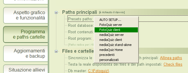 Opzioni insegnante commutazione modalità operativa Per modificare la modalità operativa da server a client (non è possibile il contrario) cliccare la funzione PRESETS PATHS quindi cliccare