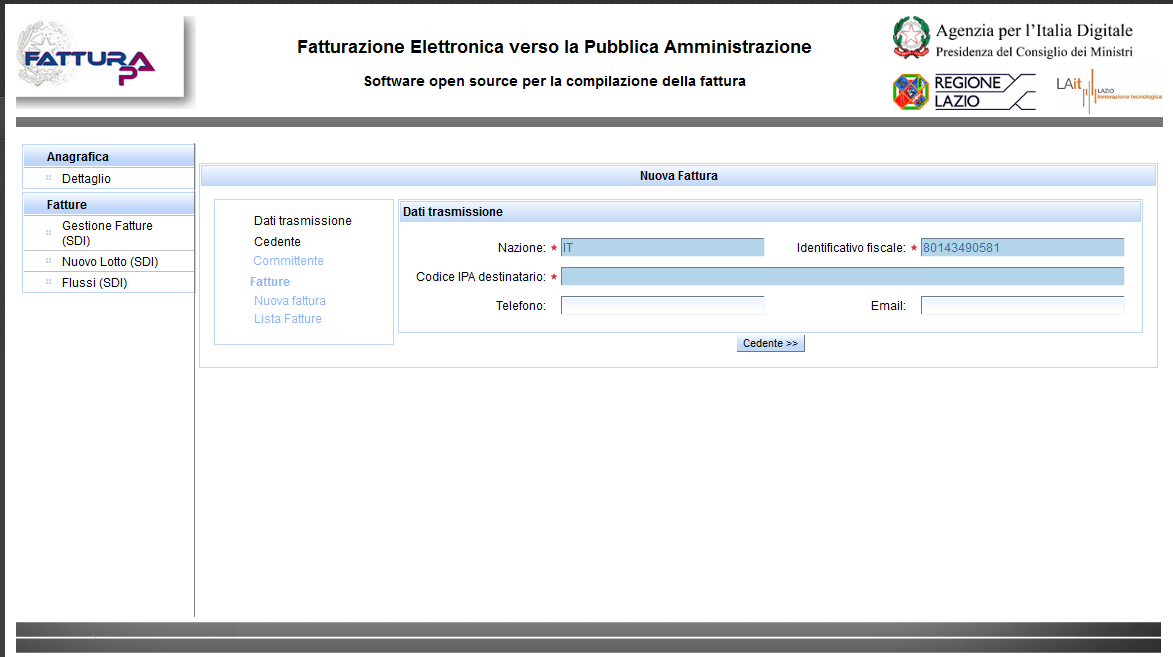 Per passare alla schermata successiva, ovvero ai dati relativi al soggetto che emette fattura, utilizzare il menu in basso e cliccare sul bottone Cedente.