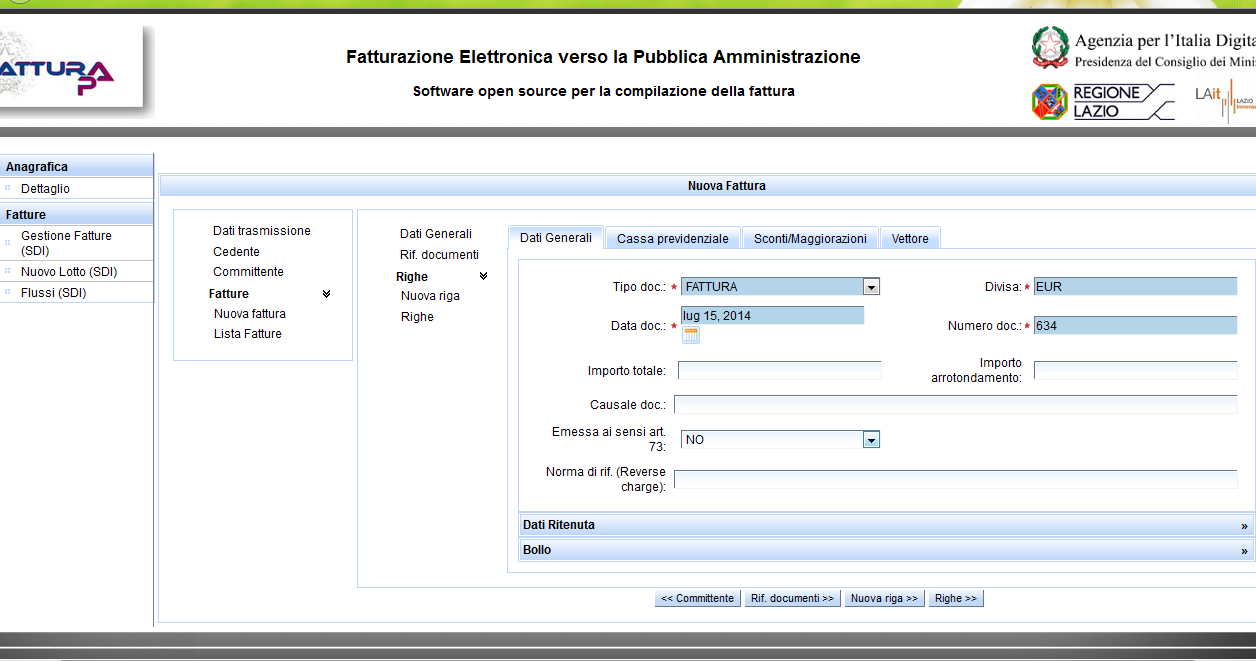 I blocchi di dati non esplosi nell immagine (Dati ritenuta, Bollo) contengono a loro volta dei campi la cui compilazione è obbligatoria nel caso in cui si decida di utilizzarli. Il blocco dati Rif.