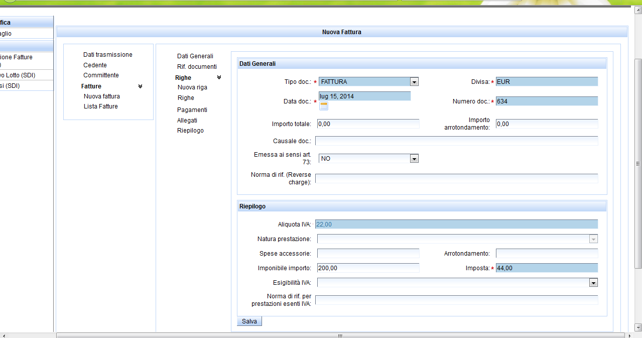L utente visualizzerà il riepilogo dei dati della fattura inseriti e dovrà procedere alla conferma cliccando sul bottone Salva Al