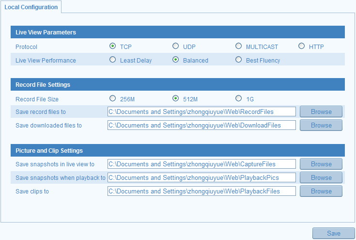 Chapter 5 Configurazione Tlc IP 5.1 Configurazione dei Parametri Locali Nota: La configurazione locale fa riferimento ai parametri della visualizzazione live ed ad altre operazioni del browser web. 1.