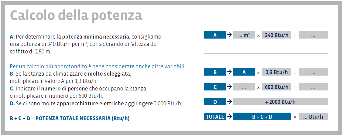 La potenza è la capacità dell apparecchio di rinfrescare. È espressa in Btu/h (British termal unit e viene utilizzata in Inghilerra e Stati Uniti) o in Watt (1 Watt corrispondente a 3,414 Btu/h).