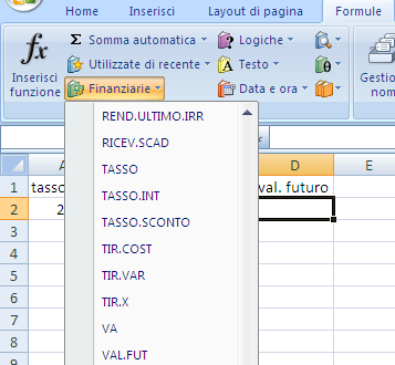 G. Pettarin ECDL Modulo 4: Excel 115 Seleziona la cella D2 e scegli la funzione VAL.FUT dal gruppo delle funzioni finanziarie della scheda Formule. La funzione Val.