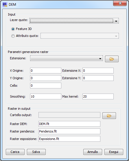 2.1. DEM Lo strumento per il calcolo del DEM è accessibile dal menù Strumenti > Analisi Geomorfologiche > DEM (Figura 2). Figura 2 Finestra di dialogo DEM.