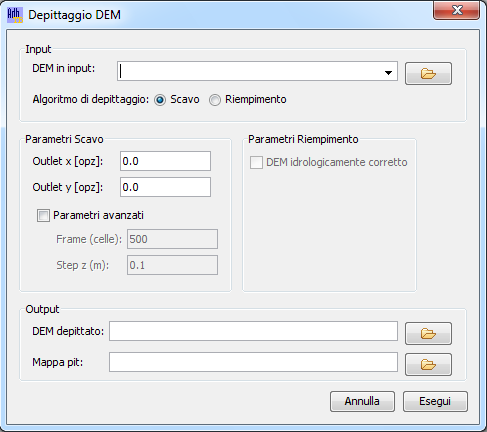 2.2. Depittaggio DEM Lo strumento per il depittaggio del DEM è accessibile dal menù Strumenti > Analisi Geomorfologiche > Depittaggio DEM (Figura 3). Figura 3 Finestra di dialogo Depittaggio DEM.