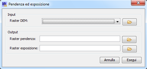 2.5. Pendenza ed esposizione Lo strumento per il calcolo di pendenza ed esposizione a partire da un DEM preesistente è accessibile dal menù Analisi > Analisi Geomorfologiche > Pendenza ed esposizione