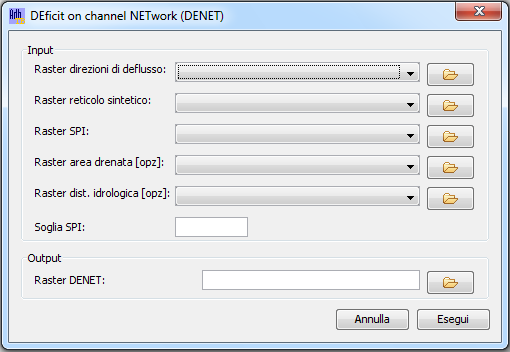 2.11. Deficit on channel network (DENET) Lo strumento per il calcolo del DENET è accessibile dal menù Strumenti > Analisi Geomorfologiche > DEficit on channel NETwork (DENET) (Figura 14).