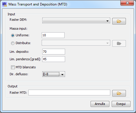 2.13. Mass Transport and deposition (MTD) Lo strumento per il calcolo dell indice di Mass Transport and Deposition (MTD) è accessibile dal menù Strumenti > Analisi Geomorfologiche > Mass Transport