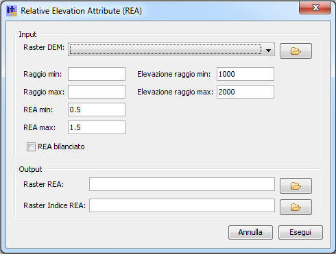 2.14. Relative Elevation Attribute (REA) Lo strumento per il calcolo del Relative Elevation Attribute (REA) è accessibile dal menù Strumenti > Analisi Geomorfologiche > Relative Elevation Attribute
