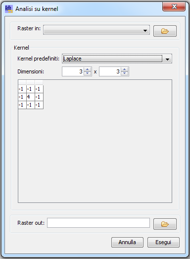 2.15. Analisi su kernel Lo strumento per effettuare analisi su kernel è accessibile dal menù Strumenti > Analisi Geomorfologiche > Analisi su kernel (Figura 18).