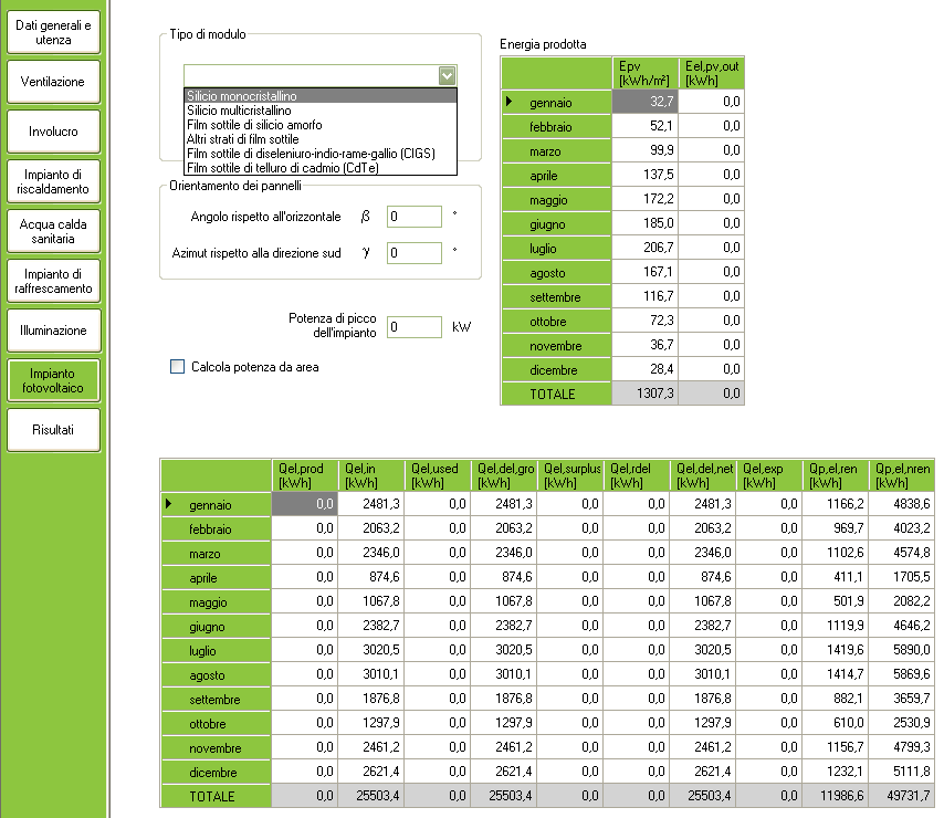 14. IMPIANTO FOTOVOLTAICO La sezione impianto fotovoltaico permette l inserimento delle caratteristiche dell impianto, in particolare: - Tipo di modulo (menù a tendina) -