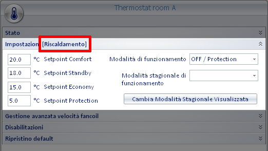 Setpoint Economy. È il valore della temperatura impostata per la modalità Economy, nella modalità stagionale visualizzata nella barra del titolo del pannello (nella figura Riscaldamento ).