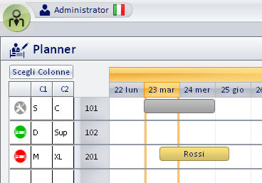 Come accennato in precedenza, nel planner compare una sorta di prenotazione di colore grigio con il simbolo nella colonna dello stato della camera, come visualizzato nella seguente figura.