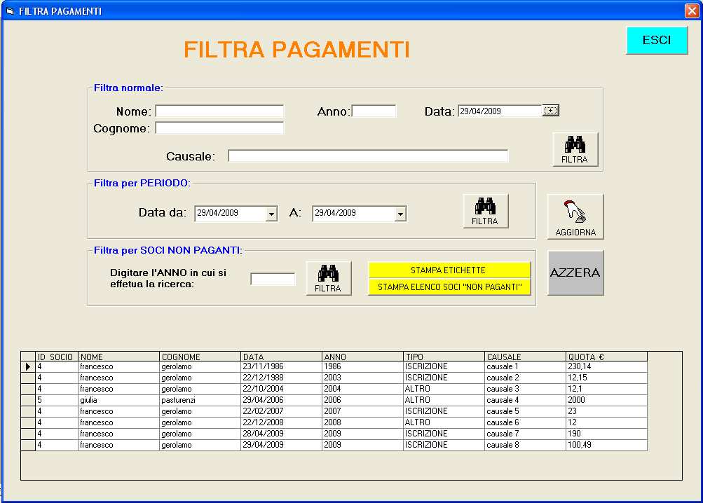 grafica Pagamenti socio Form per Filtrare i PAGAMENTI dei SOCI Figura