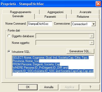 3.4.2 Query SQL utilizzando linguaggio ADO Report Etichette Soci Di seguito è riportato il codice che viene eseguito da Visual Basic 6 quando viene chiamata la Stampa di etichette : Questi parametri