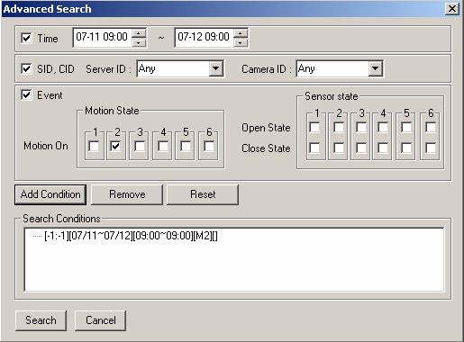 MANUALE TECNICO E DI PROGRAMMAZIONE - FW-Manager Condizione: Advanced Mode Questa opzione consente la ricerca di video archiviati in base alla condizione di registrazione: tabella programmata, motion