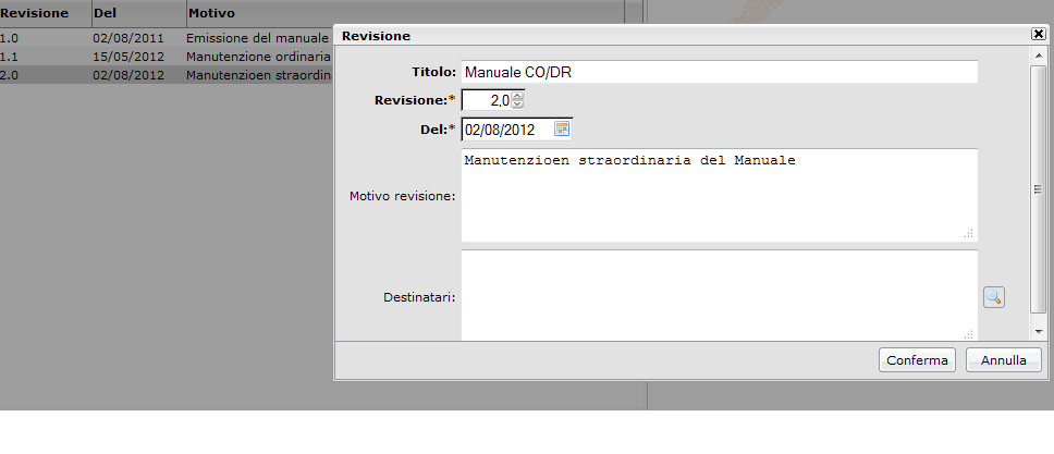 Sotto la voce "Manuale CO\DR, sono presenti le due sottovoci "Revisioni" e "Stampa": - la prima consente di gestire le revisioni del manuale.