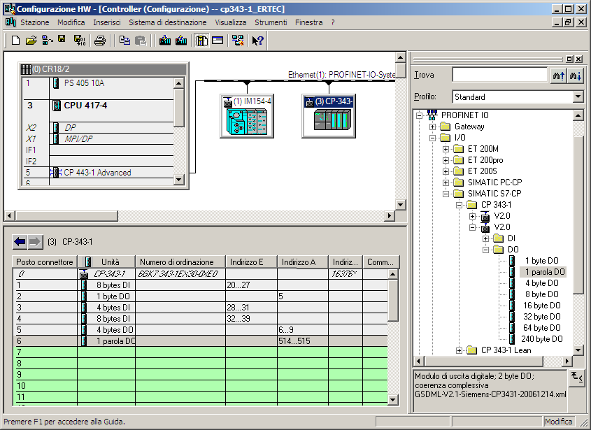 7 CP S7 300 come PROFINET IO Device 4. Inserire il modulo di ingresso e di uscita con la lunghezza di dati I/O desiderata (1 fino a max. 240 byte) nel PROFINET IO device.