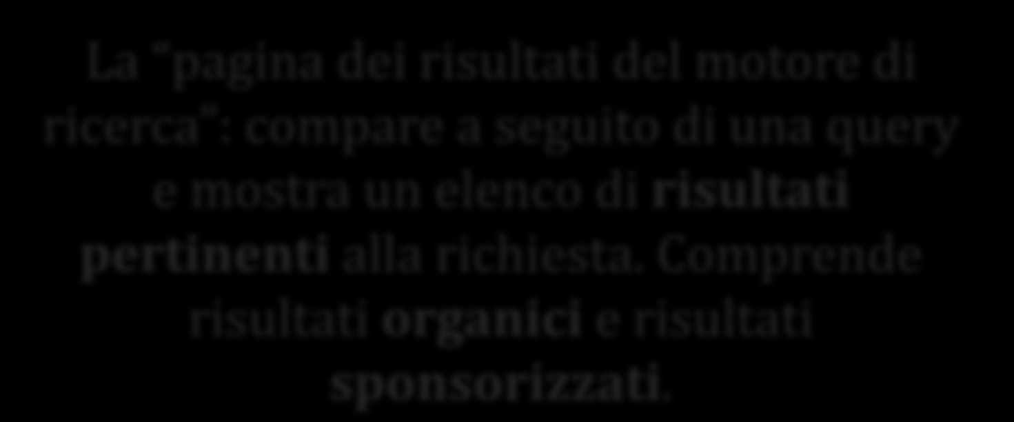 SERP: Search Engine Results Page La pagina dei risultati del motore di ricerca : compare a seguito di una query e