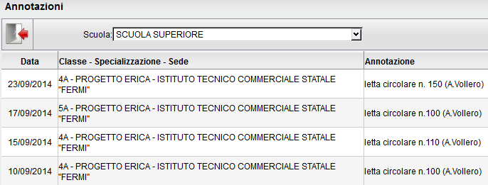 Promemoria per Classe: questa funzionalità permette al Dirigente di visualizzare tutti i promemoria inseriti per le classi della scuola.