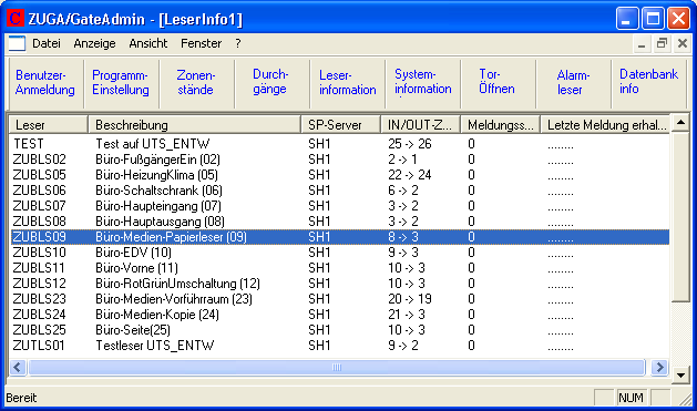 Finestra Reader Status (Stato Lettori) In questa finestra si possono vedere tutti i lettori installati, che sono controllati e comandati dal sistema CZUGA.