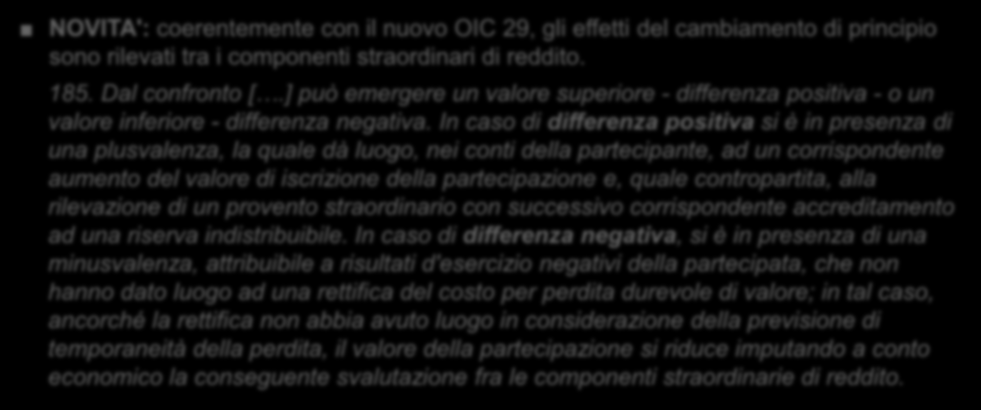 OIC 17 Bilancio consolidato e metodo del patrimonio netto Metodo del patrimonio netto Passaggio dal metodo del costo al metodo del patrimonio netto PRIMA: Gli effetti del cambiamento di principio